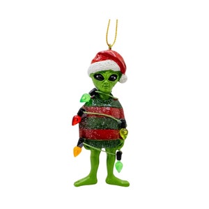 Alien in Ugly Christmas Sweater Party Wrapped in Lights Holiday Tree Ornament