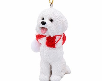 Bichon Frise White Puppy Dog Christmas Tree Ornament with Candy Cane Scarf