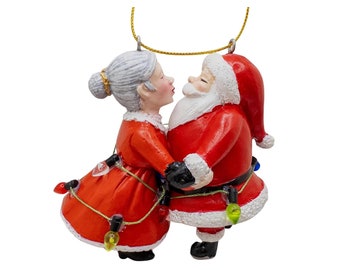 Santa and Mrs Claus Kissing Wrapped in Lights Christmas Tree Ornament
