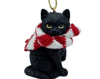 Black Longhair Tabby Kitty Cat Christmas Tree Ornament with Candy Cane Scarf