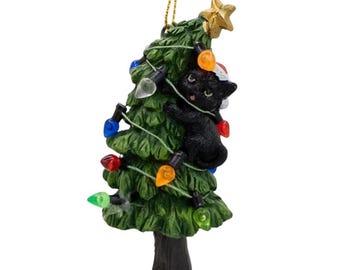 Black Cat Knocking Down Christmas Tree Funny Ornament