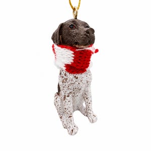 May include: A hanging ornament shaped like a sitting dog with a dark brown head and a white body covered in brown speckles. The dog wears a textured, knitted scarf featuring horizontal stripes of bright red and white yarn around its neck.
