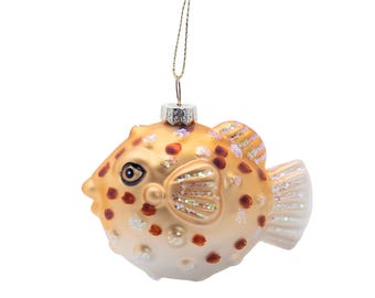 Puffer Fish Blown Glass Christmas Tropical Beach Coastal Ornament Nautical