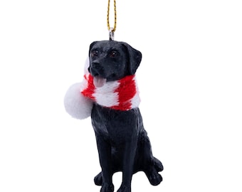 Black Labrador Puppy Dog with Candy Cane Scarf Christmas Tree Ornament