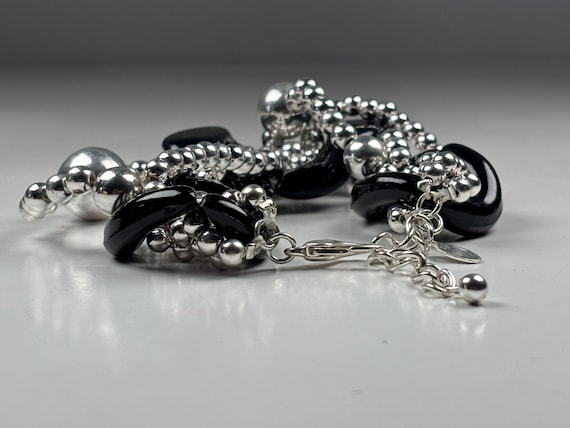 Chunky Statement Bracelet Black Silver Beaded Bol… - image 3