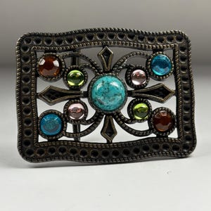Vintage | Stretchy Colorful Gem Belt | Metal Disc & Gemstones La Mode • Vintage • Small • Gold Tone Faux Buckle W/ Multi  main image 3