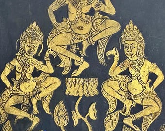 Antique Thai Khmer Gold Relief Rubbing – Apsara Celestial Dancers – Angkor Wat Temple Art on Rice Paper – Southeast Asian Wall Art – OBO