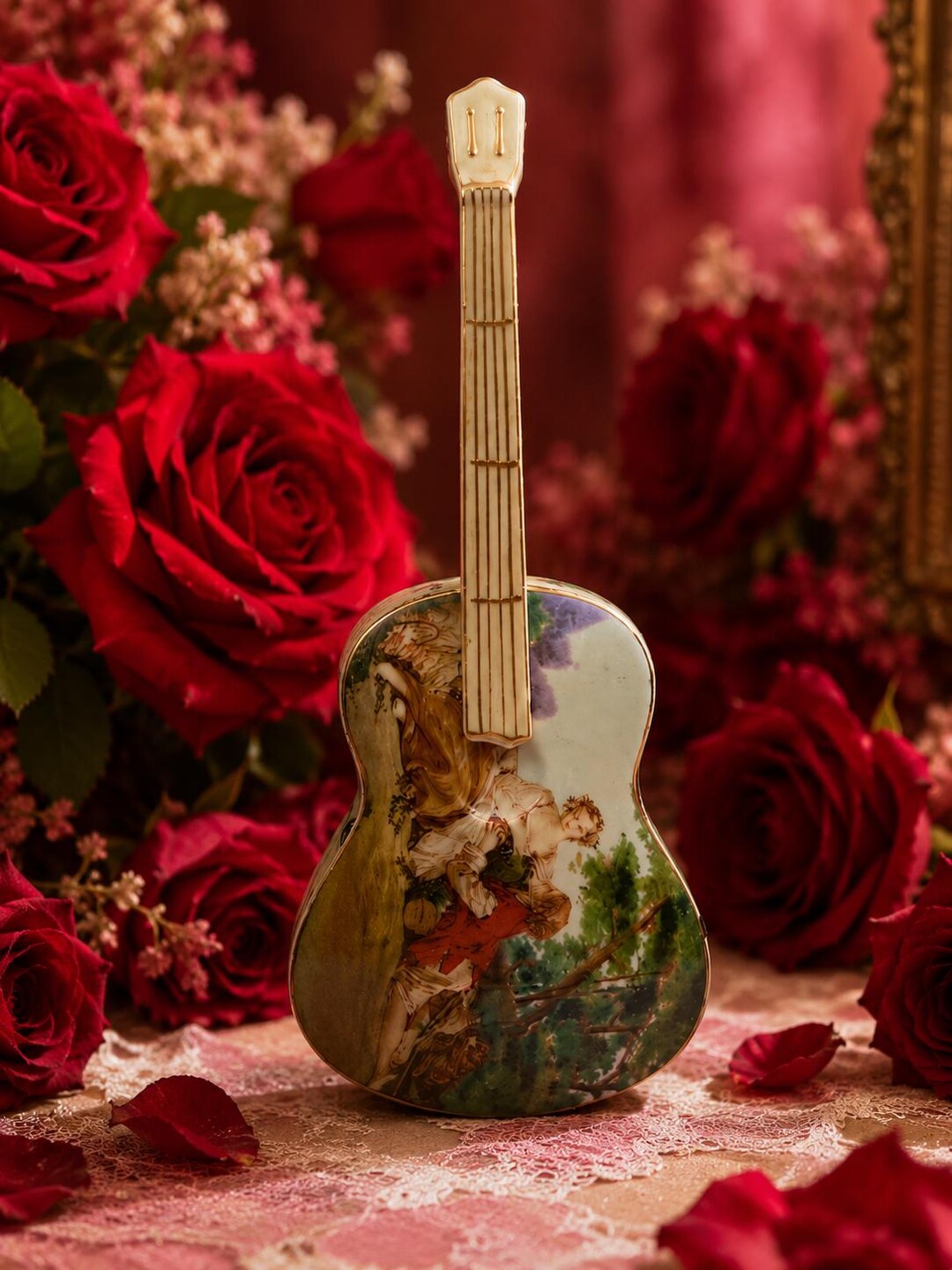 Vintage Porcelain Guitar Trinket Box • Lego Japan • Romantic