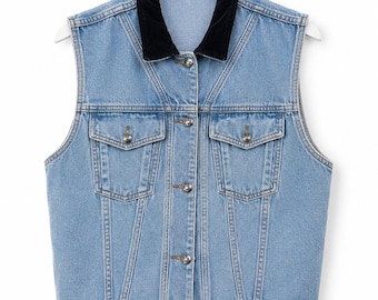 Colete jeans vintage anos 90 Sun Belt com gola de veludo preta, estilo western boho grunge, com botões de pressão na frente, fabricado nos EUA.