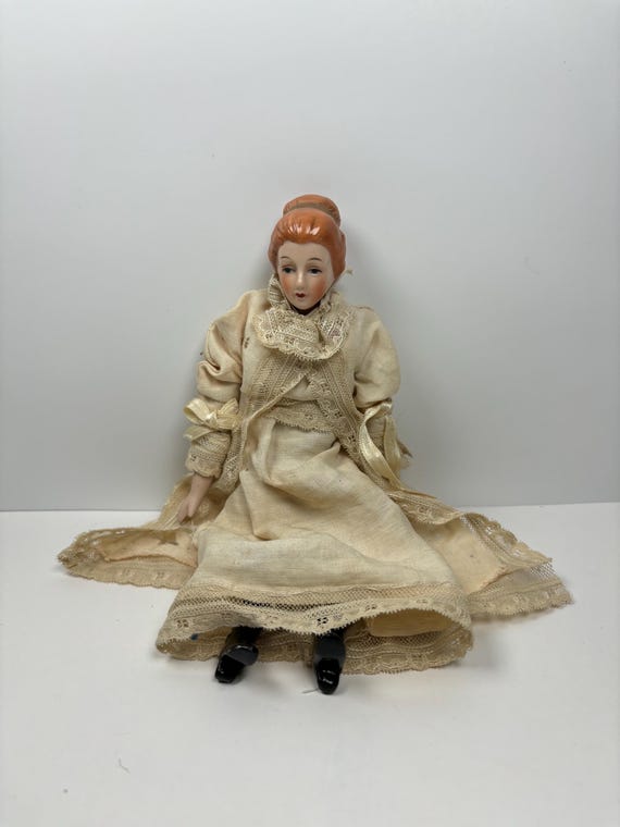 Antique German Bisque Porcelain Doll – Red Hair, Lace Dress (circa