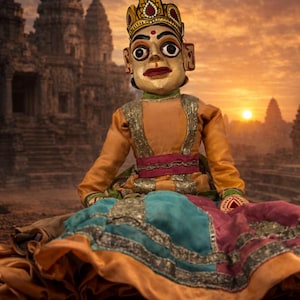 May include: A traditional puppet with a painted face, wearing an orange and blue costume with gold trim, and a gold crown. The puppet is set against a backdrop of an ancient temple at sunset, with a warm, golden glow.