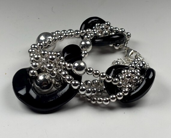 Chunky Statement Bracelet Black Silver Beaded Bol… - image 1