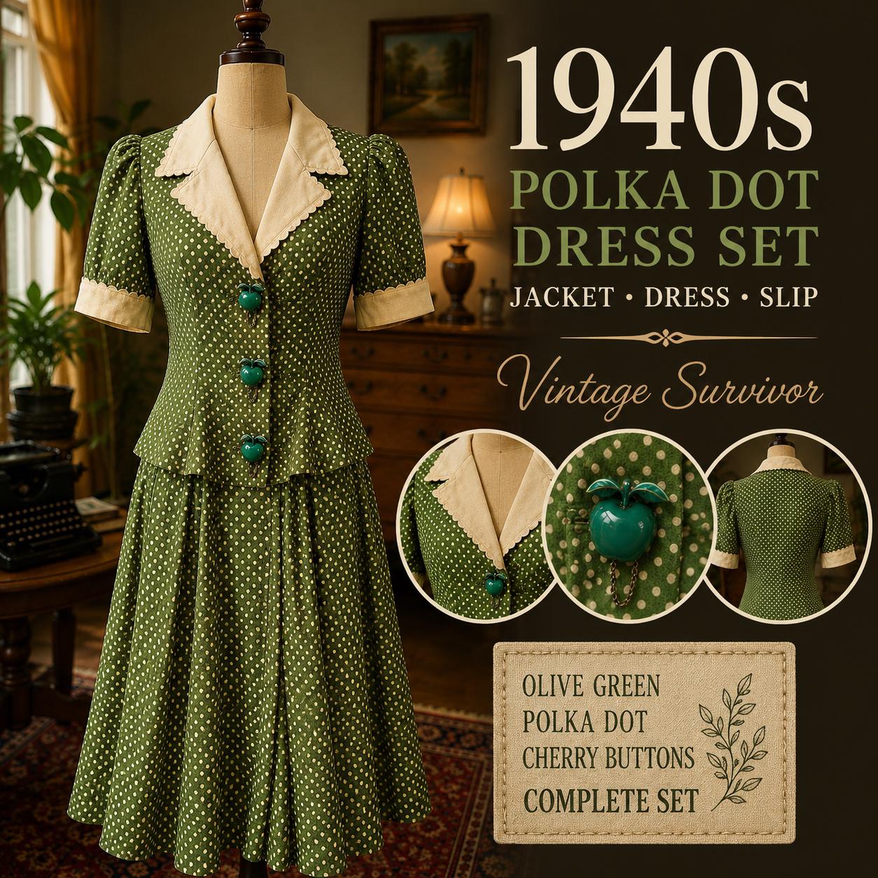 green polka dot slip dress Vintage 1940s Set Survivor Piece Olive Rayon Jacket Rockabilly Estate Find Eliza khaki spot