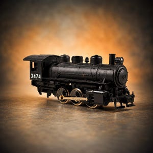 Puede incluir: Una locomotora de vapor a escala de color negro con el número 3474 impreso en blanco en el lateral de la cabina. El motor presenta ruedas y bielas de metal dorado, una caldera cilíndrica, una chimenea y una estructura de cabina detallada.