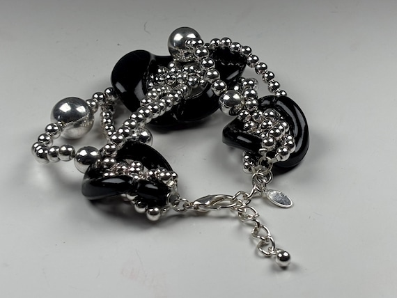 Chunky Statement Bracelet Black Silver Beaded Bol… - image 2