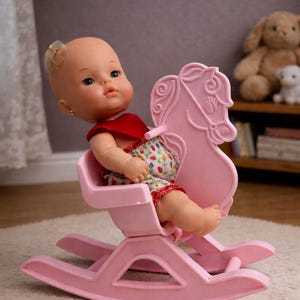 May include: A vintage baby doll with blue eyes and a red top sits in a pink plastic rocking horse. The doll wears floral print shorts and a small gold earring. The rocking horse is on a white carpet.