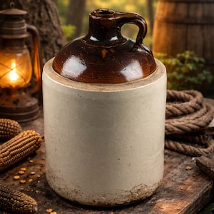 May include: A vintage stoneware jug with a dark brown handle and lid, set atop a cream-colored cylindrical base. The jug is displayed on a weathered wooden surface, evoking a rustic, antique aesthetic. The background includes a lantern and ears of corn.