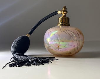 Vintage irisierende Kunst Glas Parfüm Zerstäuber Gold Ton Eitelkeit Flasche Boudoir Dekor Sammlerstück