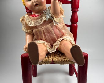 Authentieke babypop met Effanbee-samenstelling uit de jaren 30 • Originele jurk • Vooroorlogs Amerikaans antiek speelgoed