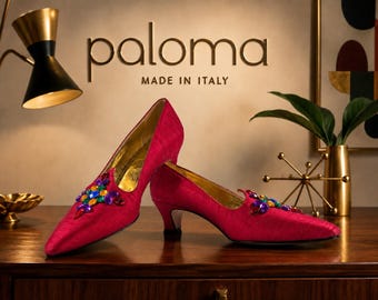 Vintage 1980s Paloma Made in Italy Red Satin Jeweled Pumps 6.5 AA Leather Sole Collector Evening Shoes