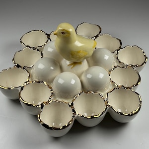 Vintage Ceramic Chick Deviled Egg Server Gold Trim Egg Holder Easter Centerpiece 12 Egg D