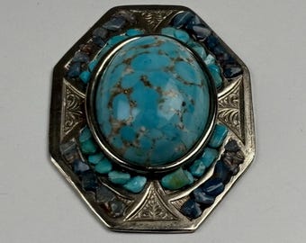 Broche estilo turquesa vintage de 7,6 cm x 5 cm – Broche llamativo estilo suroeste – Joyería con incrustaciones de piedras grandes