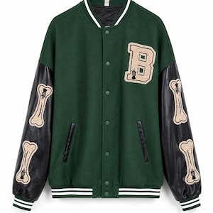 Y2K Grön Varsityjacka Herrjacka Stor Skelettbensmönstrad Lettermanjacka Svart Konstläderärmar Streetwear