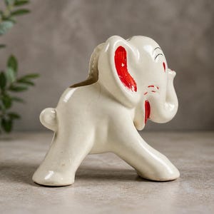 Vintage Ceramic Elephant Planter White Red Mid Century Nursery Decor Whimsical Animal Pot