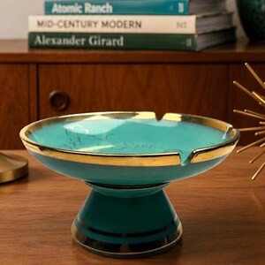 Vintage Jackson California Pottery Compote – Turquoise Velvet Glaze, 22K Gold Trim