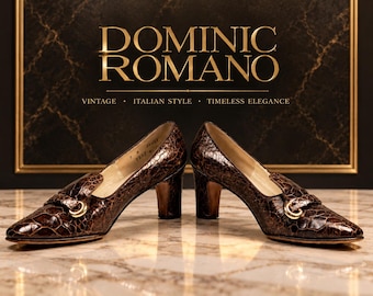Dominic Romano Vintage Pumps aus echtem exotischem Reptilienleder aus den 1960er/70er Jahren, Größe 7 A, braun, mit goldfarbenen Beschlägen, Designer-Absätze