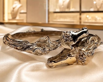 Vintage German Sterling Silver Double Horse Head Hinged Cuff Bracelet 59.20 Grams Equestrian Estate Jewelry