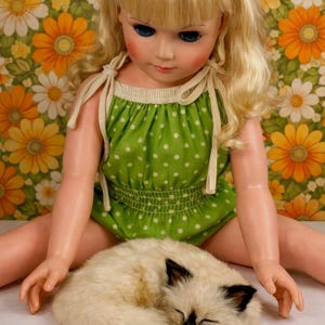 Huge Vintage 2 1/2 Foot Eegee Doll 30 Inch Blonde Blue Eyed 1960s Playpal Style Green Polka Dot Romper