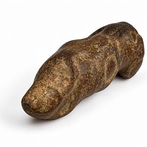 Op de afbeelding: Een donkerbruin, langwerpig stenen object met een ruwe, verweerde textuur. Het item heeft een afgerond, bolvormig uiteinde en een licht taps toelopend, afgeplat voorste gedeelte, met natuurlijke kleurvariaties en putjes in het oppervlak.