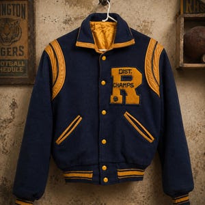 May include: A vintage navy blue and gold letterman jacket. The jacket features a large gold "R" patch with "DIST. CHAMPS" lettering. Gold accents are on the collar, shoulders, pockets, cuffs, and buttons. The interior lining is gold.
