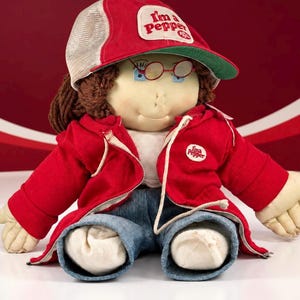 Dr Pepper “I’m a Pepper” Soft Sculpture Cloth Doll, Red Hoodie & Trucker Hat, Yarn Hair, Soda Collectible