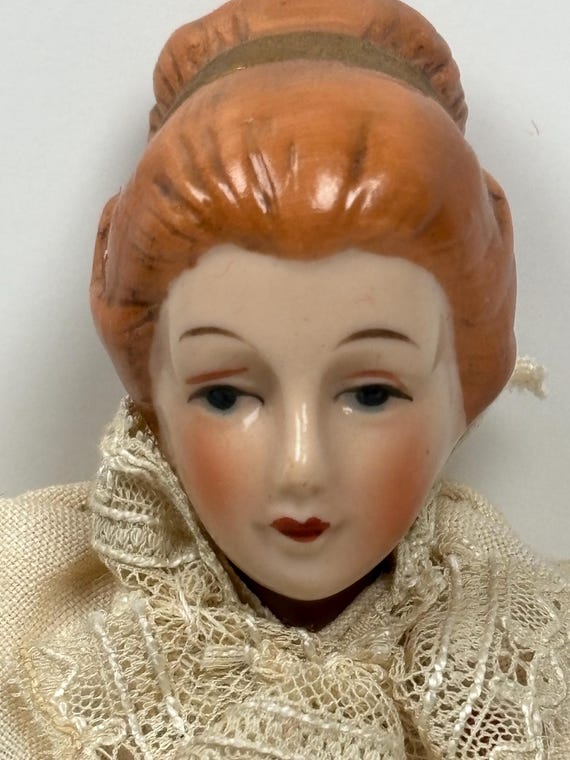 Antique German Bisque Porcelain Doll – Red Hair, Lace Dress (circa