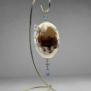 Vintage Swan Diorama Egg Ornament with Stand 8” Decorative Goose Egg Miniature Scene Rhinestone Trim Collectible