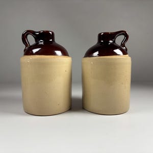 Vintage Stoneware Whiskey Jug Pair USA Pottery Brown Glaze Crock Bottles Primitive Farmhouse Decor