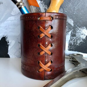 Dark Brown Leather Pen Holder, Pencil Holder, Tool Holder, Laser Etched Geometric Design, Leather Gift for Him