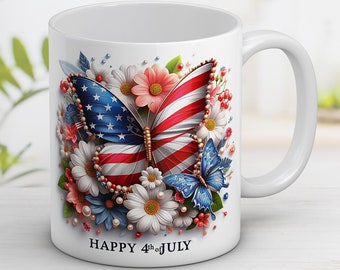 4th of July Mug Wrap: 3D American Flag Butterfly Design (Digital Download)