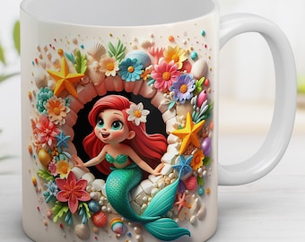 3D Mermaid Mug Wrap with Flowers, Sublimation Design (Digital Download PNG)