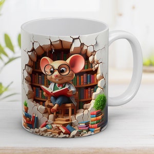 3D Mouse read book Mug Wrap 3D Hole in a wall gift for a lover of reading 11oz and 15oz Mug Coffee Mug Sublimation Design Instant Digital