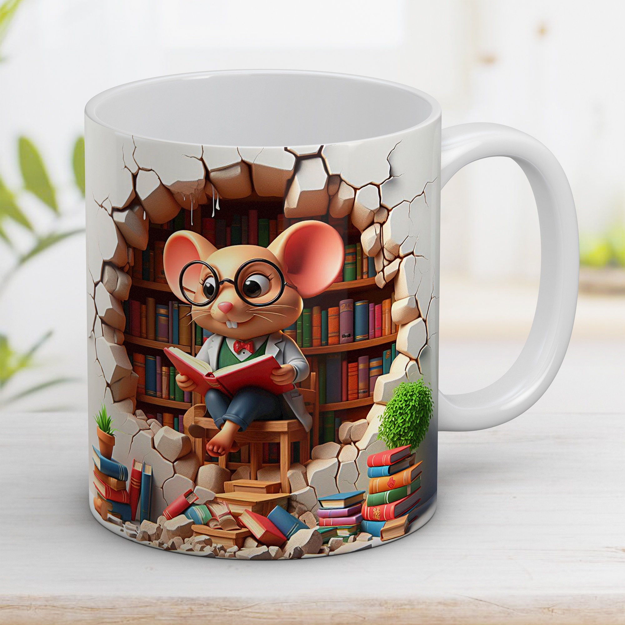 Mouse Reading Book Coffee Mug: 3D Hole in Wall Design (Digital Sublimation)
