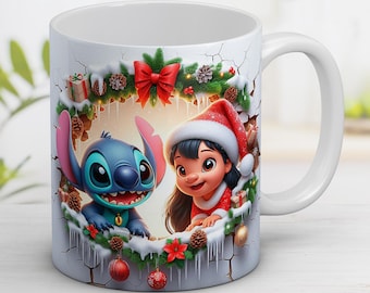 リロ＆スティッチのクリスマスマグラップ、漫画PNG（デジタルダウンロード）