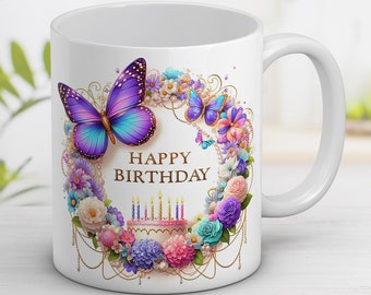 Floral Butterfly Happy Birthday Mug Wrap: 11oz & 15oz (Digital Download)