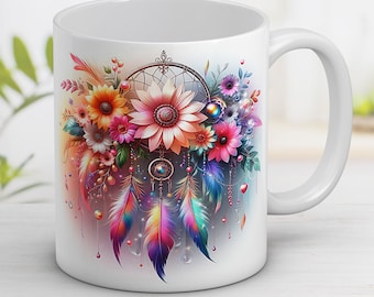 Boho Floral Dream Catcher Mug Wrap: Sublimation Design PNG (Digital Download)