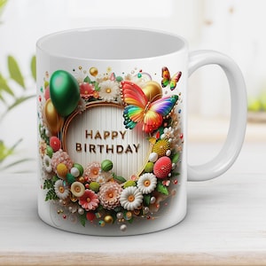 Feliz aniversário 3D com embrulho de caneca de flores 11 onças e 15 onças, presente de aniversário, sublimação de design de flores 3D, modelo de embrulho, download digital instantâneo
