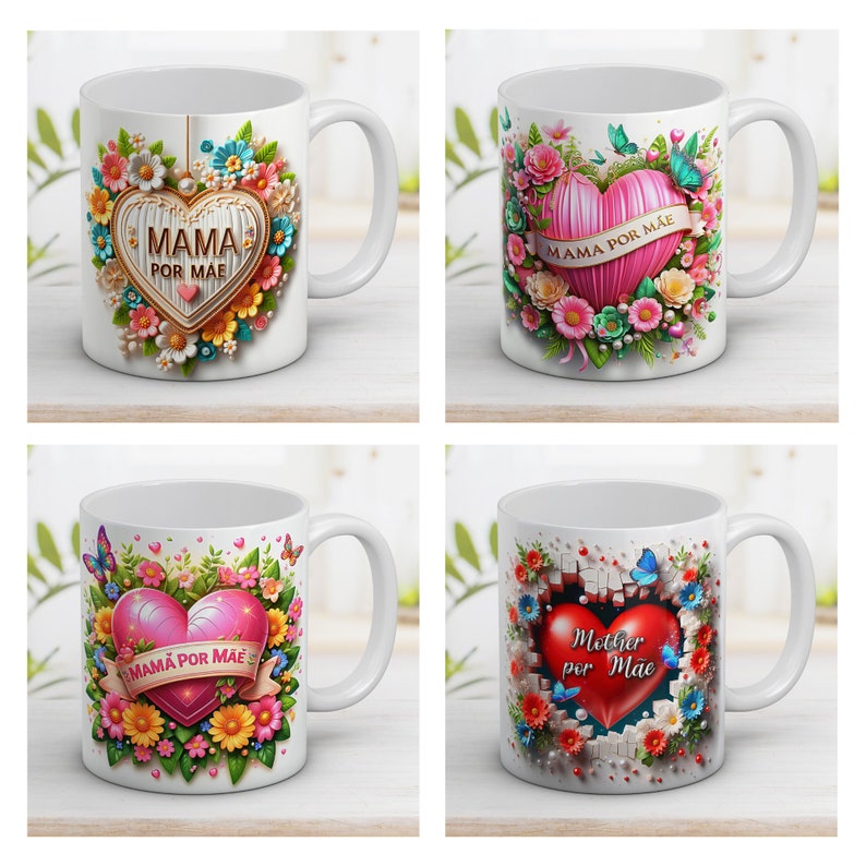 3D Heart Mom por Mãe Mug Wrap Bundle 11 and 15 Oz Happy Mother's Day with Design Sublimation Mug Templater Instant Digital Download PNG zdjęcie 4