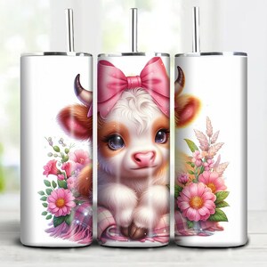 Coquette Pink Bows Soft Girl Aesthetic Cute Baby Highland Cow Tumbler wrap design 20oz  Sublimation Design Wrap Instant Digital Download