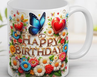Emballage floral pour tasse joyeux anniversaire : sublimation 3D (téléchargement numérique)